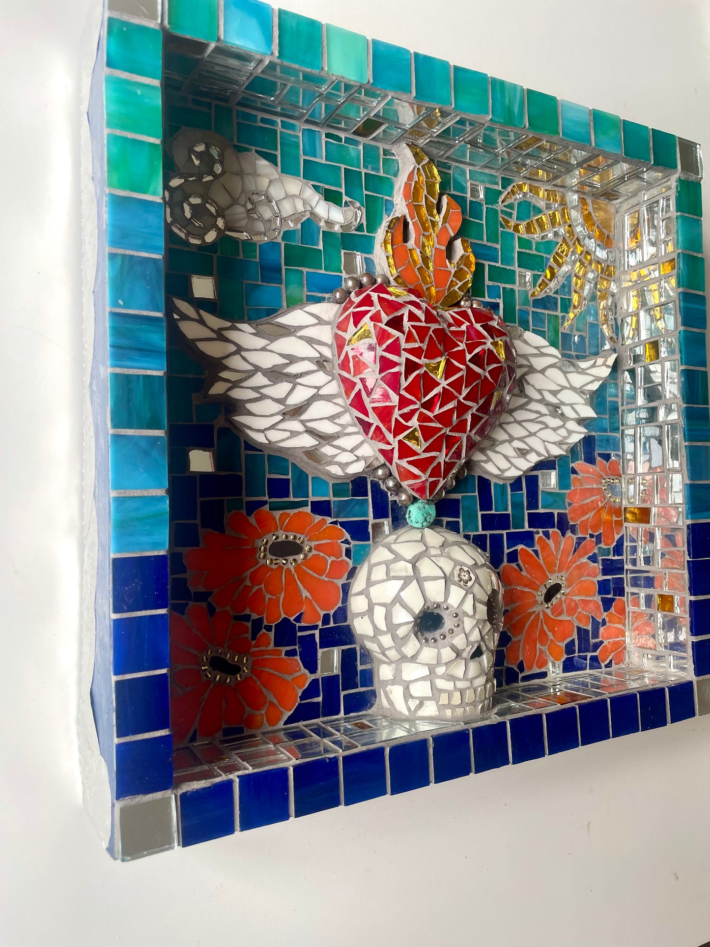 Day of the Dead mosaic Skull and Flaming Heart