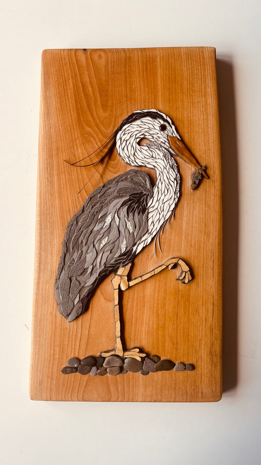 Heron and fish on Wood