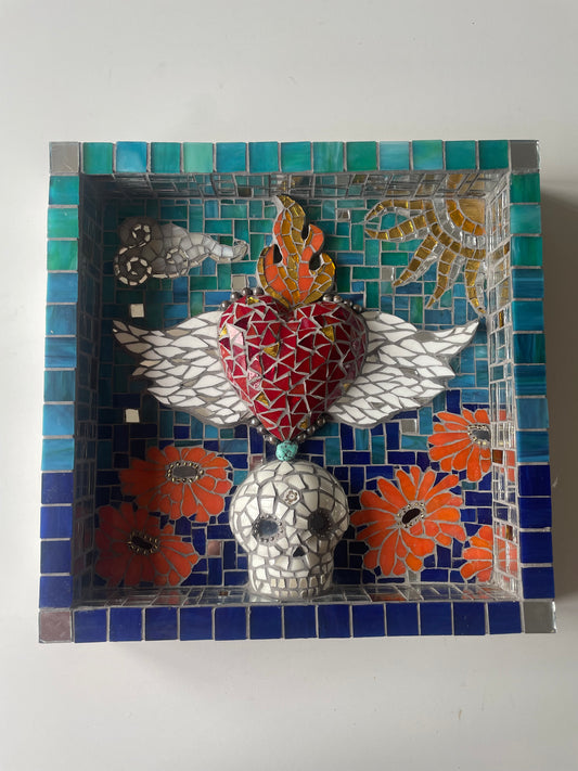 Day of the Dead mosaic Skull and Flaming Heart