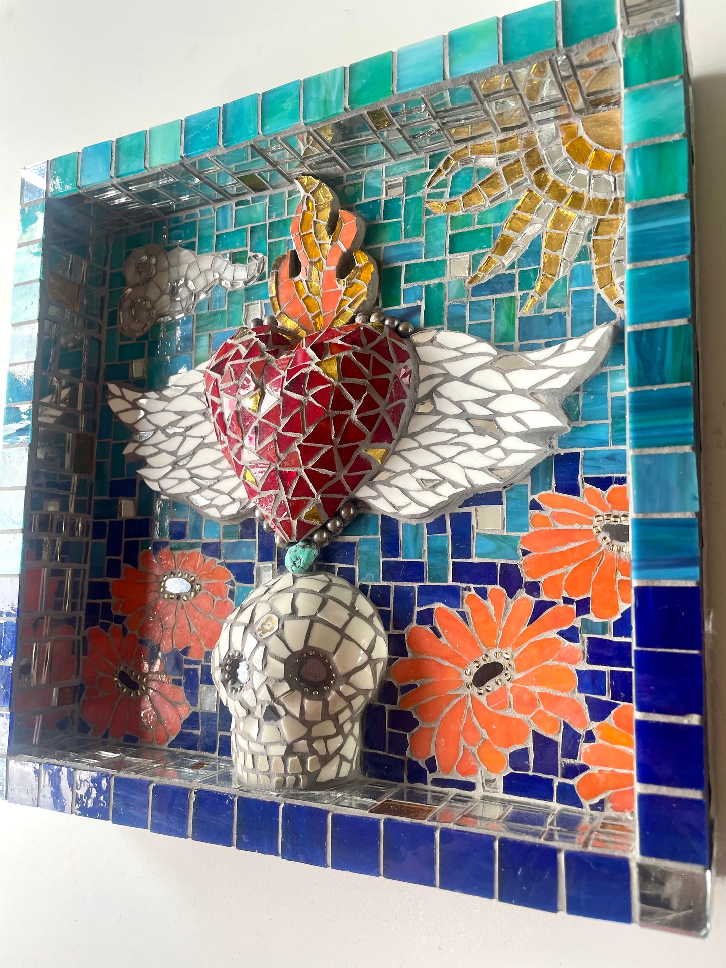 Day of the Dead mosaic Skull and Flaming Heart