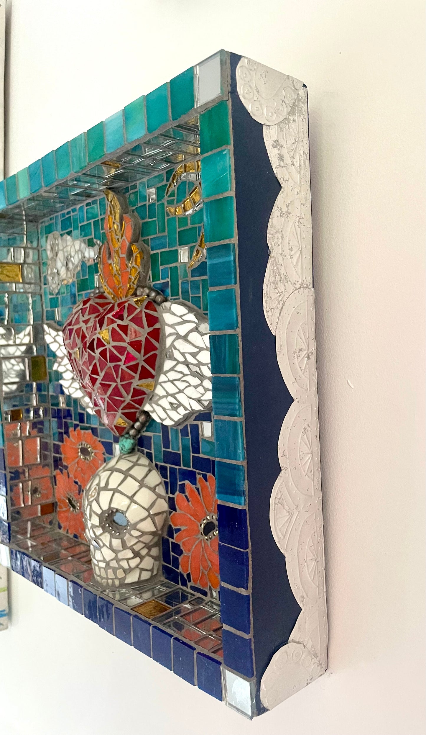 Day of the Dead mosaic Skull and Flaming Heart