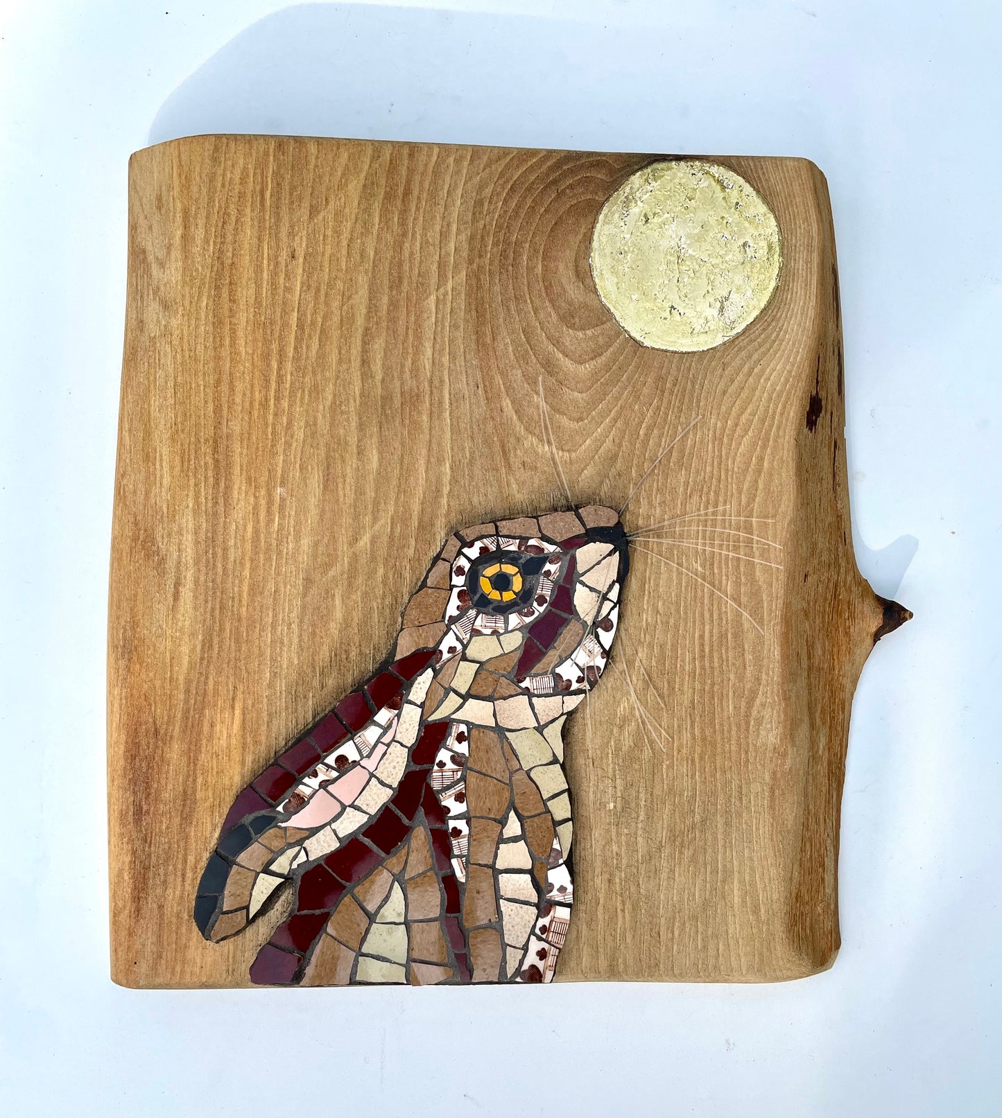Moon gazing Hare with gold leaf moon on wooden board