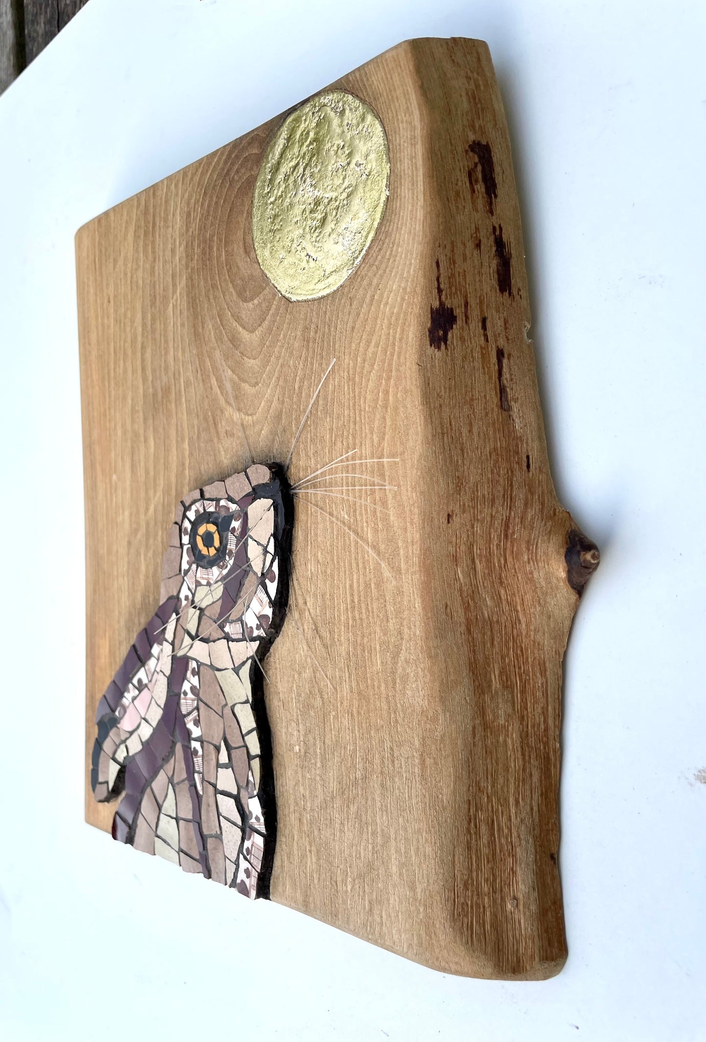 Moon gazing Hare with gold leaf moon on wooden board