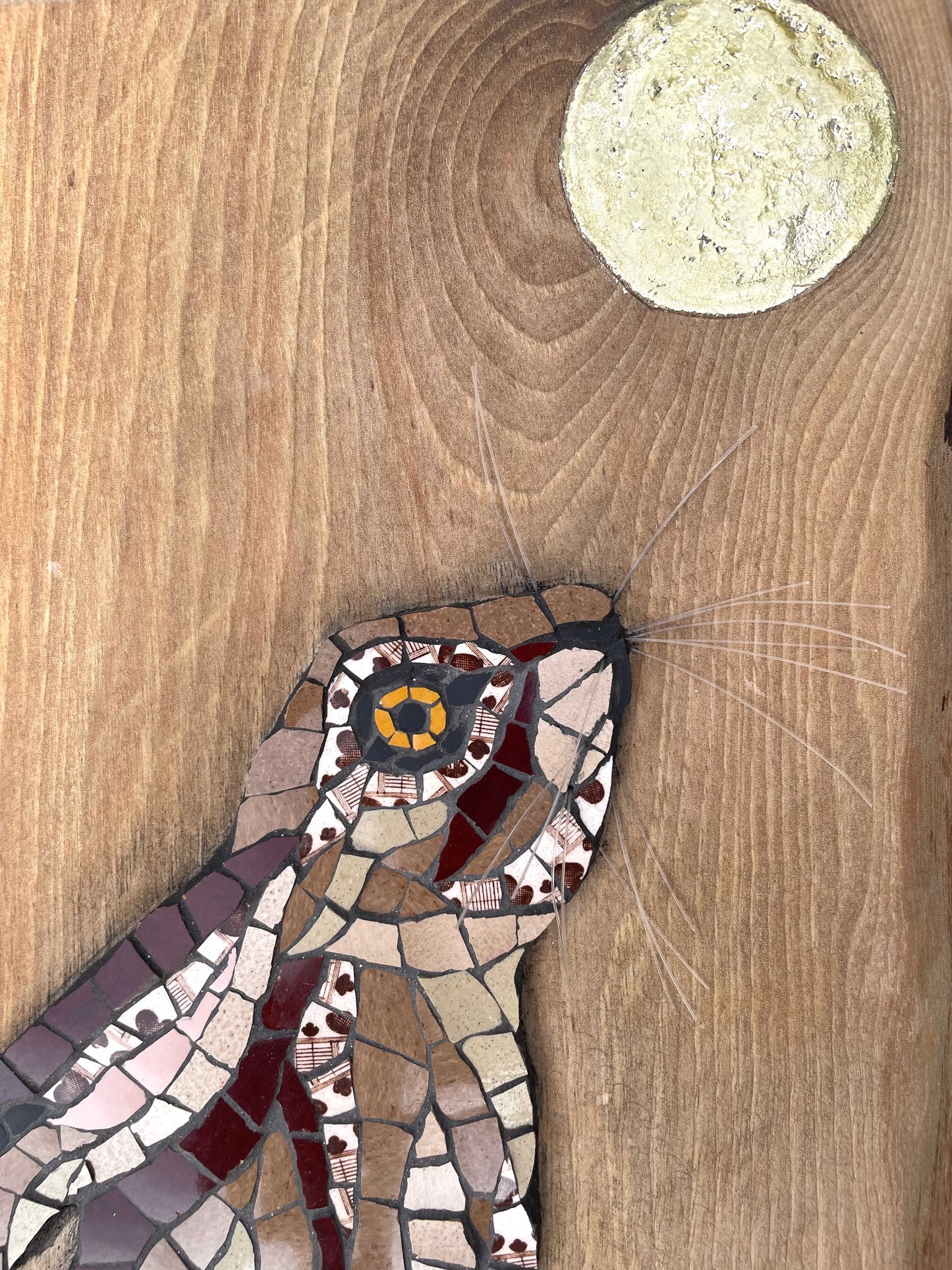 Moon gazing Hare with gold leaf moon on wooden board